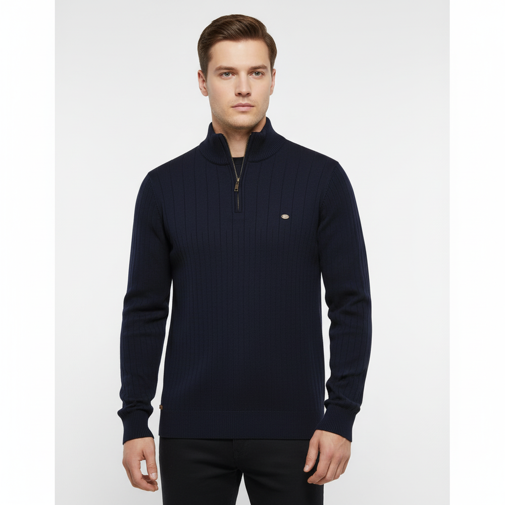 Knitted Sweater with Zip - Collar Sweater