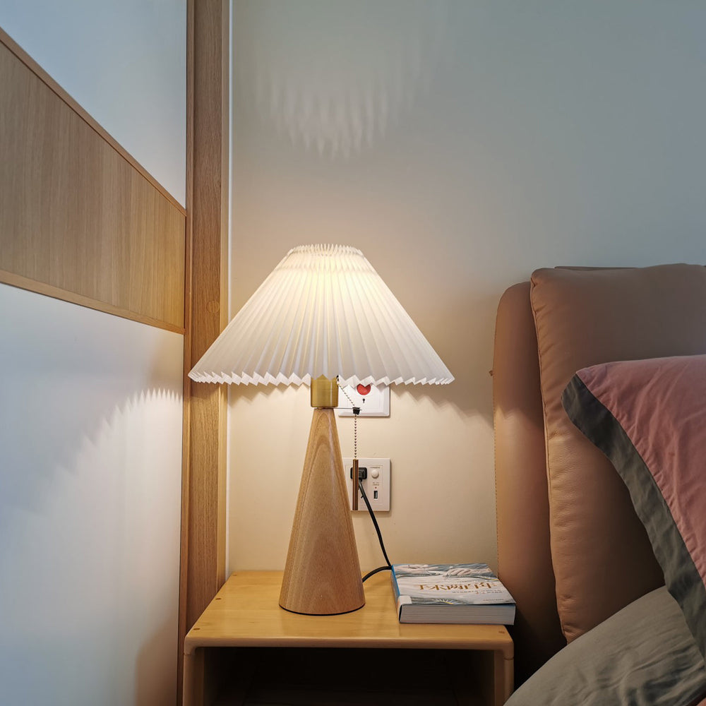 Table Lamp – Pleated Shade, Solid Wood Base & 50cm Tall for Bedroom & Office