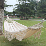Kalsten | 200x150cm Double Outdoor Camping Fringe Canvas Hammock with Pole (White)