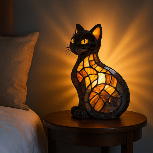 Table Lamp – Cat Design, Stained Glass Style & Night Light