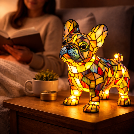 Dog Table Lamp – Colorful Stained Glass Design, LED Night Light & Home Decor