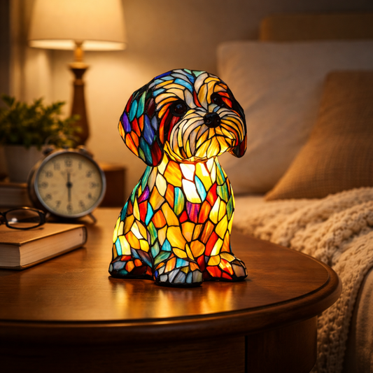 Dog Night Light Table Lamp – LED Stained Glass Style, Bedroom Decor