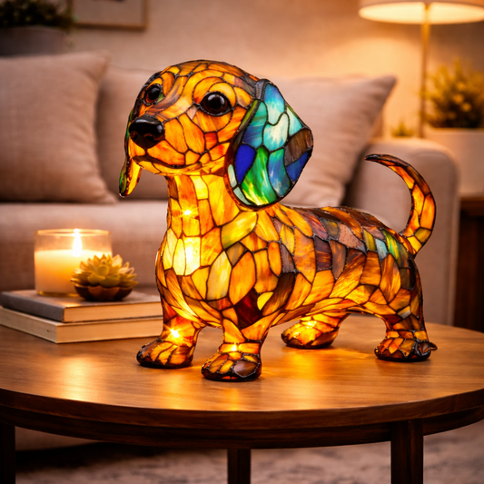 Dog Table Lamp – Stained Glass Style, Warm LED Night Light & Desk Decor