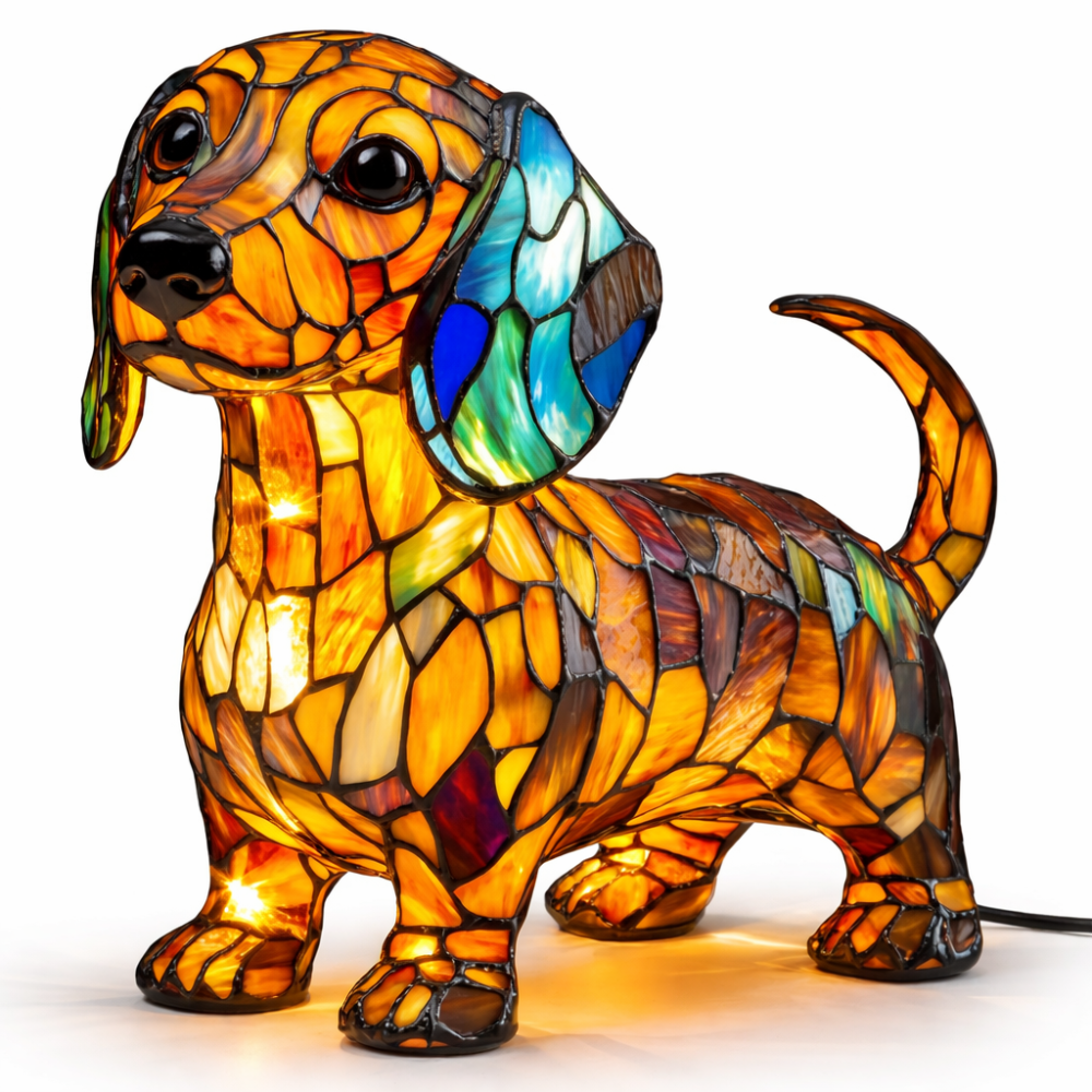 Table Lamp Colorful Stained Glass Dog LED Decorative Night Light