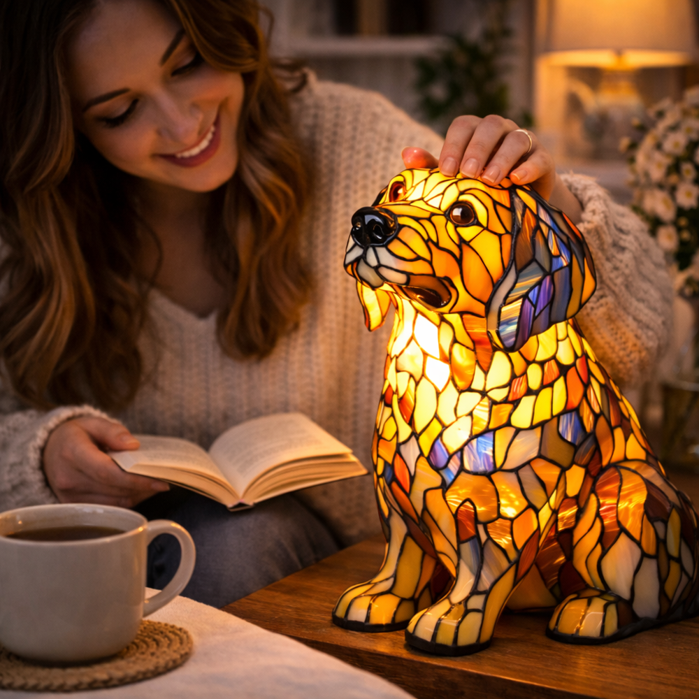 Colorful Dog Table Lamp Stained Glass LED Night Light Bedroom