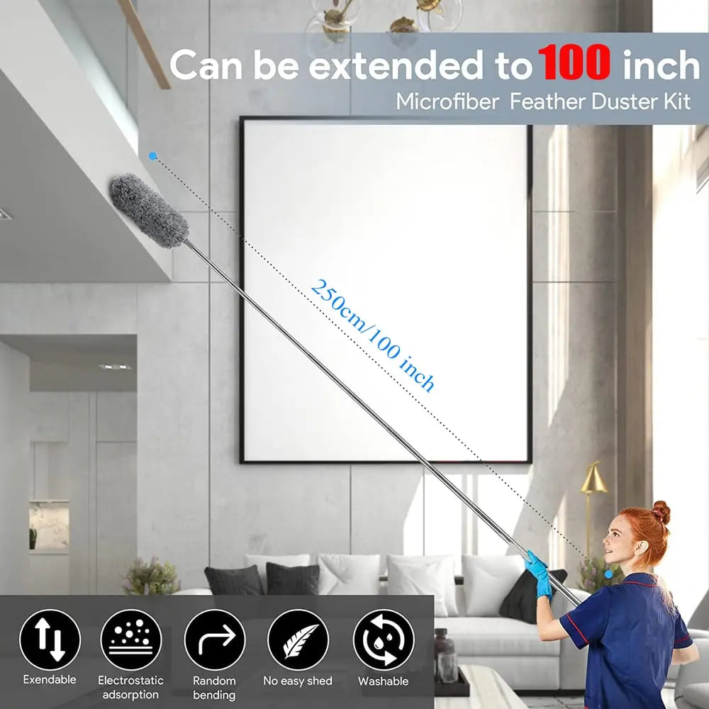 BowLift | Telescopic dust duster with extra long microfiber head (Free 3 replacement cleaning heads)