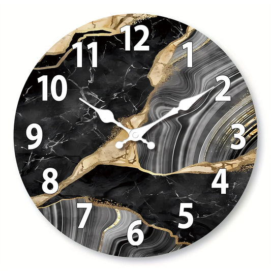 Round Wall Clock – Wooden Frame, Marble Texture & Silent Quartz Mechanism