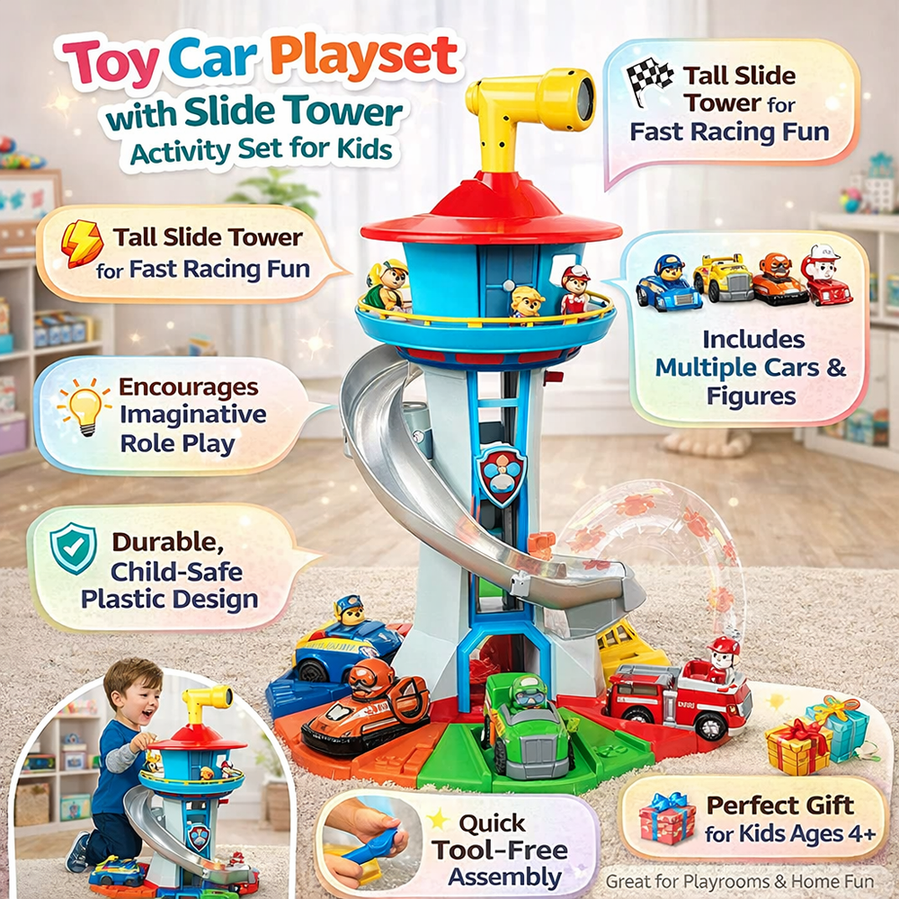 Toy Car Playset – Kids Activity Set & Slide Tower Design