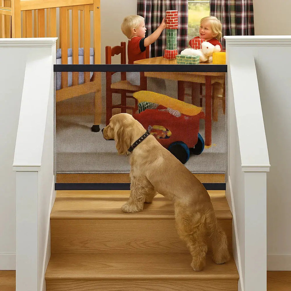 Portable Pet Safety Gate – Nylon Mesh, Stainless Steel Bars & Tool-Free Mounting