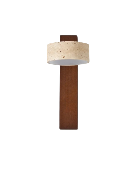 Wall Lamp – Travertine Stone Design, Walnut Wood Accent &amp; Downward LED Glow