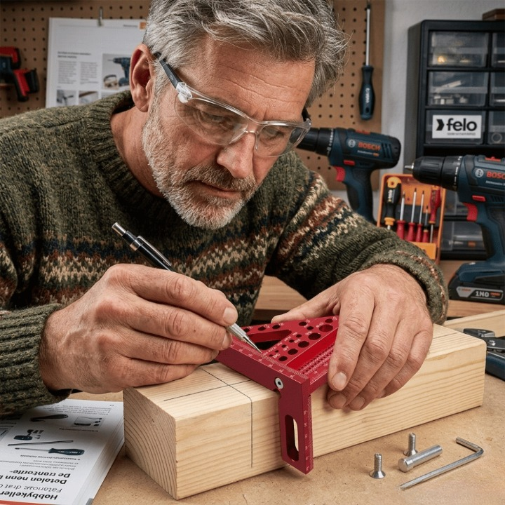Precision Aluminium Woodworking Square with Drill Guide Holes – 90° & 45° Angles for Accurate Cuts