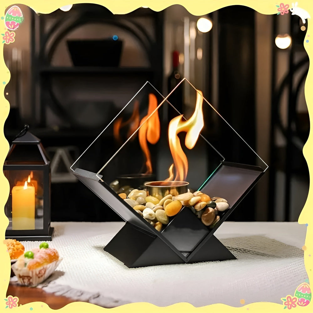 Bioethanol Tabletop Fireplace – Mirrored Panels, Decorative Stones & Steel Base