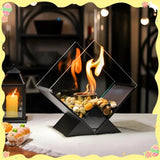 Bioethanol Tabletop Fireplace – Mirrored Panels, Decorative Stones & Steel Base