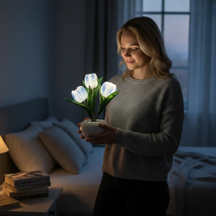 Stilvolle Tulpen-LED-Tischlampe im Keramiktopf – Warmes Dekorlicht für Gemütliche Atmosphäre