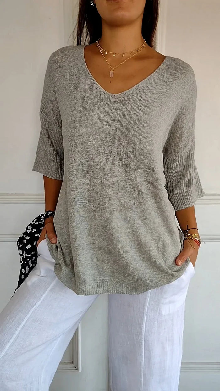 Women's V-Neck Knit Top – Half Sleeves