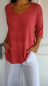 Women's V-Neck Knit Top – Half Sleeves