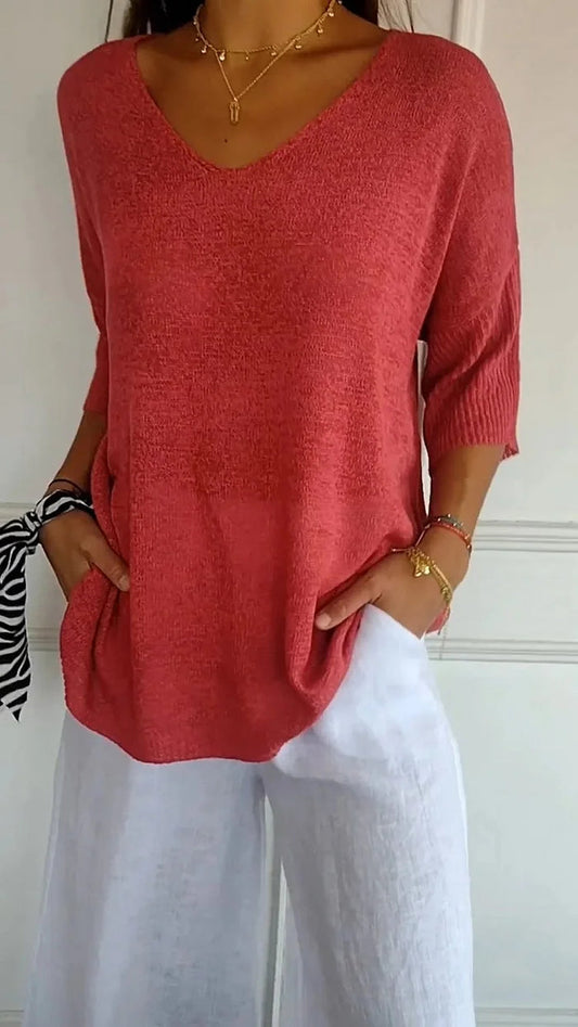 Women's V-Neck Knit Top – Half Sleeves