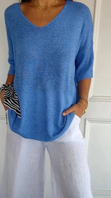 Women's V-Neck Knit Top – Half Sleeves