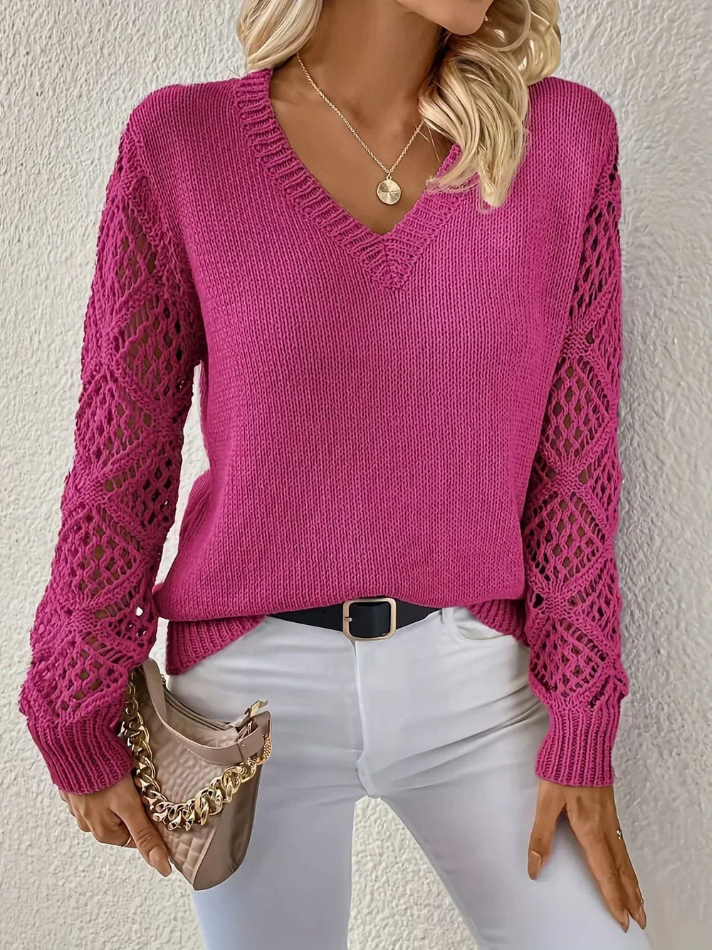Women's V-Neck Knit Sweater – Open-Weave Sleeves