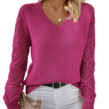 Women's V-Neck Knit Sweater – Open-Weave Sleeves