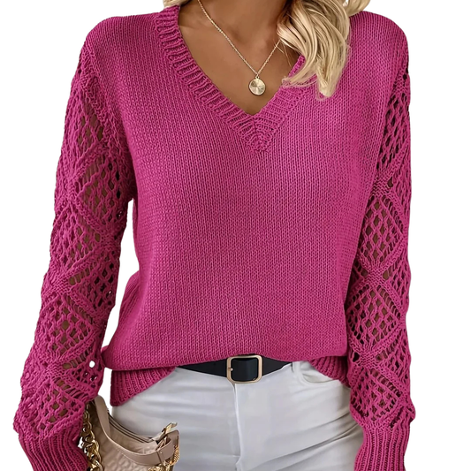 Women's V-Neck Knit Sweater – Open-Weave Sleeves