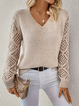 Women's V-Neck Knit Sweater – Open-Weave Sleeves