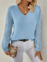 Women's V-Neck Knit Sweater – Open-Weave Sleeves