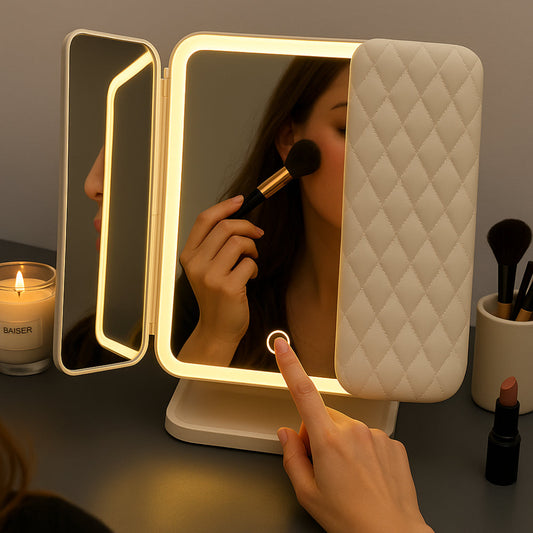 LED Vanity Mirror – Adjustable Lighting, Foldable Design & Makeup Stand