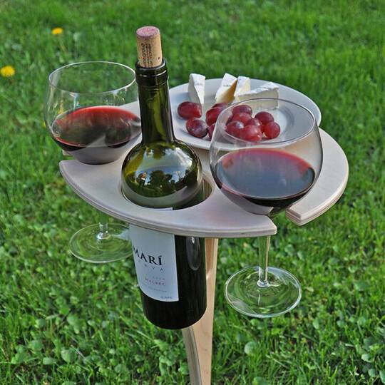 Folding Wine Table – Wood, Bottle Holder & 2 Glass Slots for Picnics