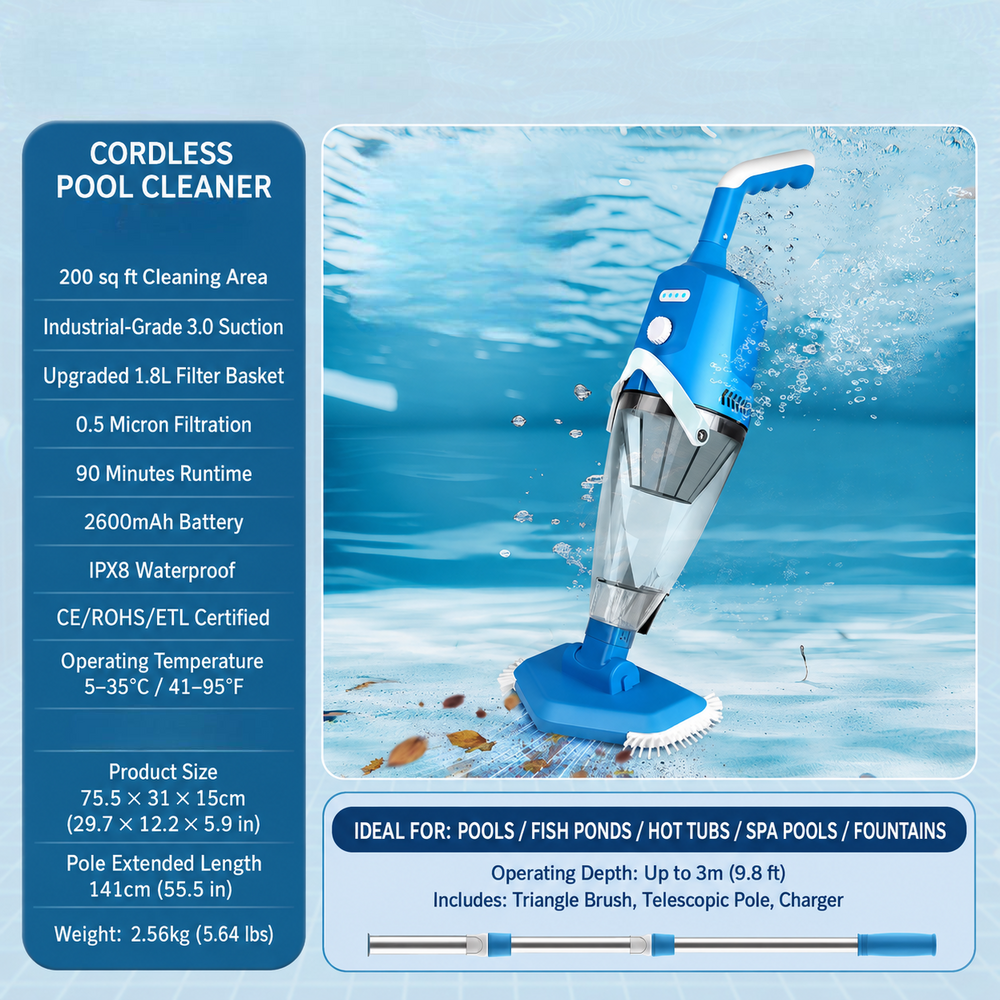 Handheld Pool Vacuum Cleaner – Cordless, Rechargeable & Debris Removal