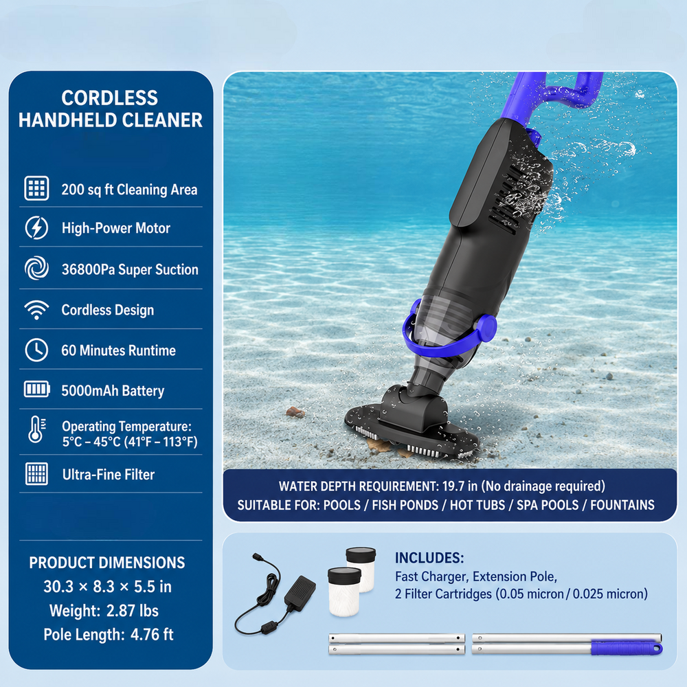 Handheld Pool Vacuum Cleaner – Cordless, Rechargeable & Debris Removal