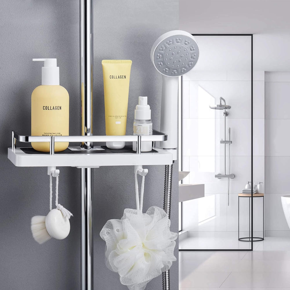 Adjustable Shower Caddy – Drill-Free Rod Clamp, Rustproof, White & Black