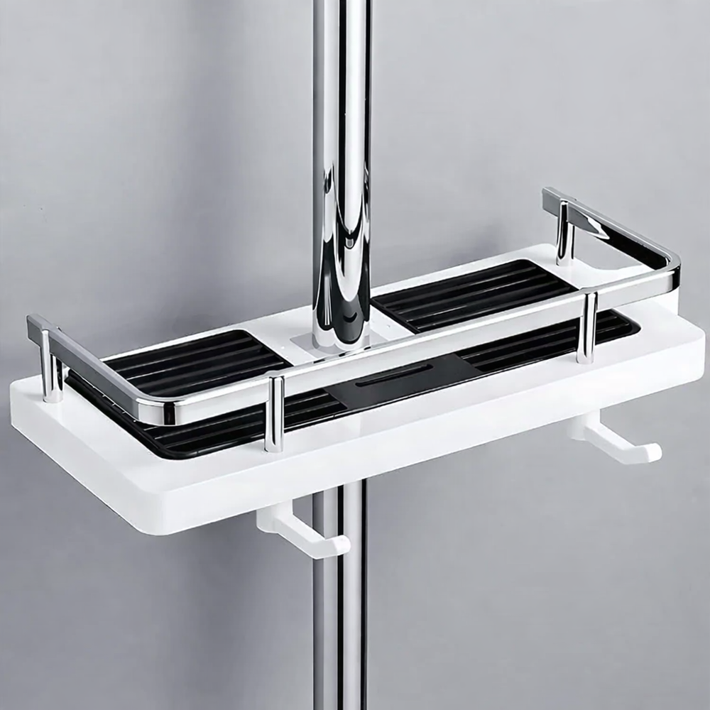 Adjustable Shower Caddy – Drill-Free Rod Clamp, Rustproof, White & Black