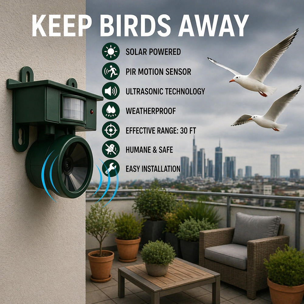 Solar Bird Repellent – PIR Sensor, Predator Sounds & Weatherproof