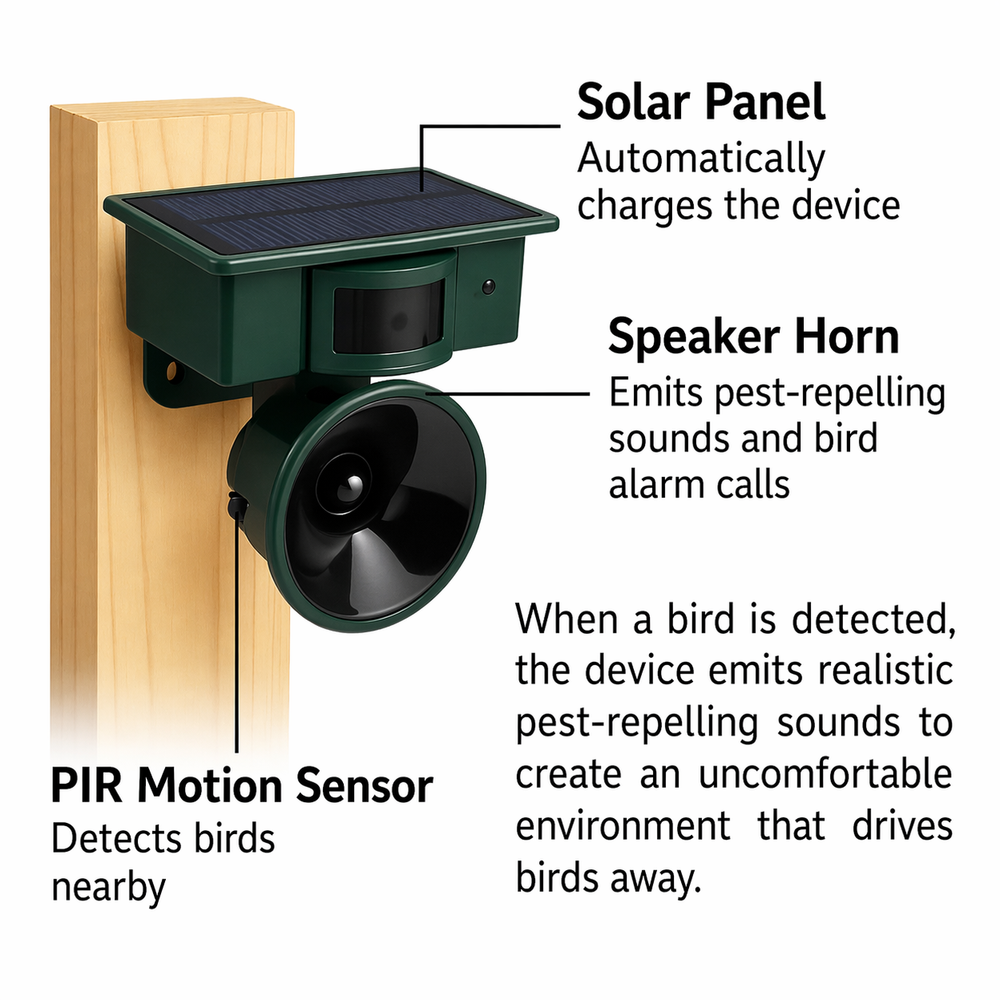 Solar Bird Repellent – PIR Sensor, Predator Sounds & Weatherproof