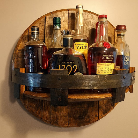 Whiskey Barrel Wall Shelf – Timber, Round Display & Mount Unit