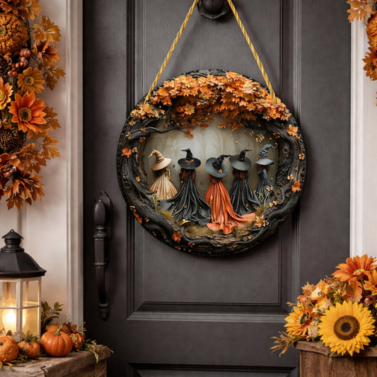 Witch Folklore Wall Art – Wood Door Hanging Sign, Round Design & Indoor-Outdoor Use