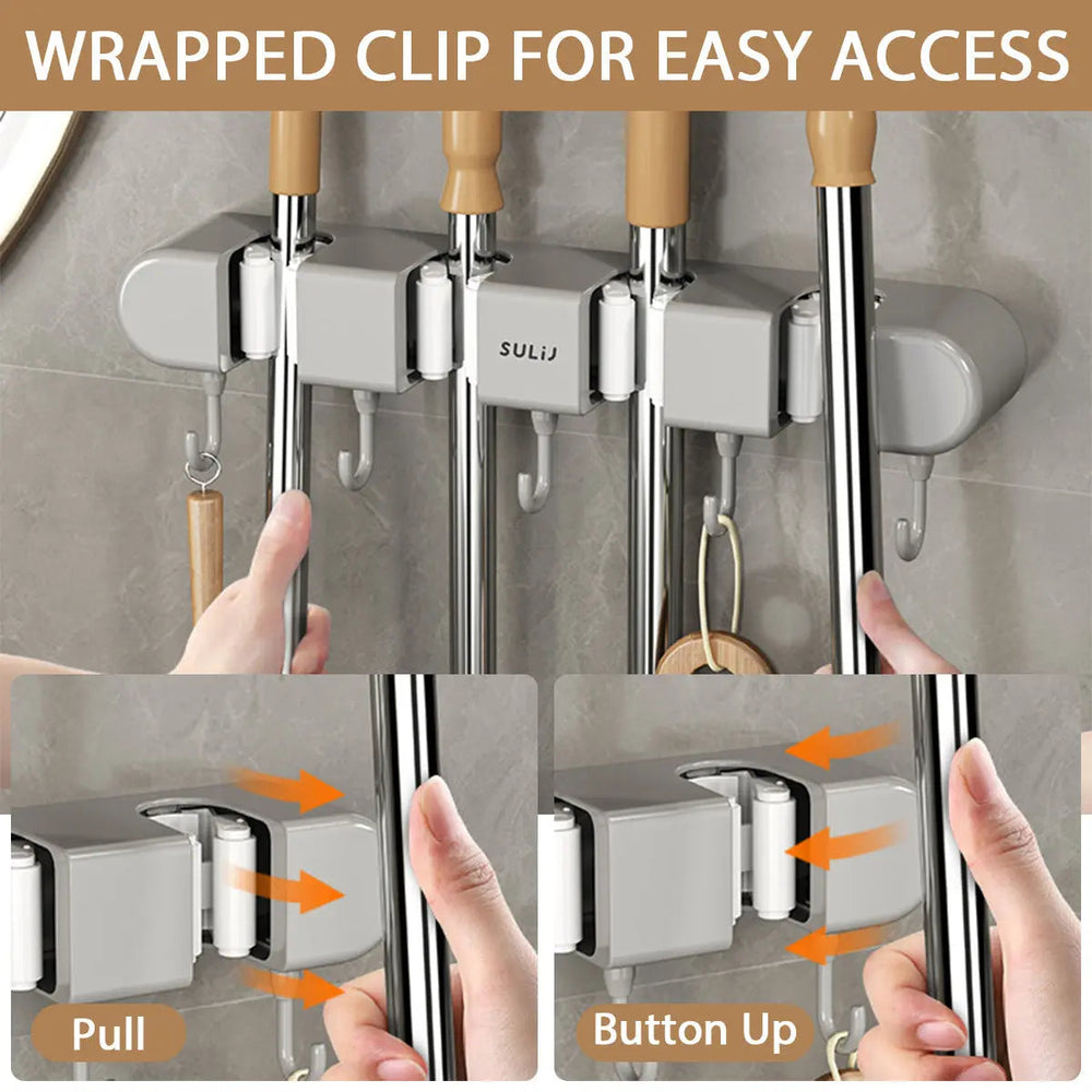Optimized Product Title: **Platzsparende Wandhalterung für Besen, Mopps und Werkzeuge – Sicherer Halt für Ordnung und Sauberkeit**
