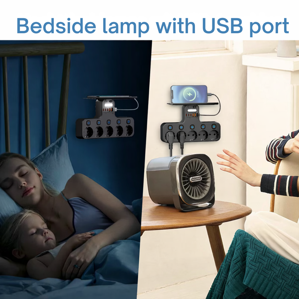 Wall Outlet Extender – 3 Switched Sockets, USB Ports & Motion Night Light