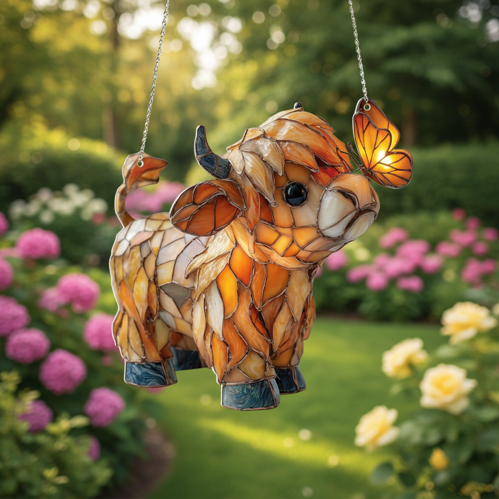 Highland Cow Suncatcher – Stained-Glass Style, Hanging Chain & 3 Sizes