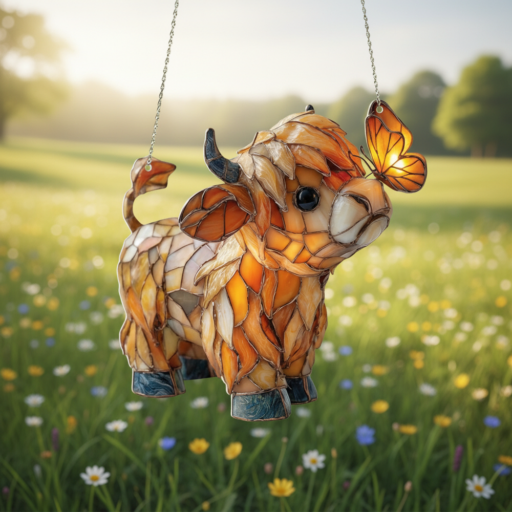 Highland Cow Suncatcher – Stained-Glass Style, Hanging Chain & 3 Sizes