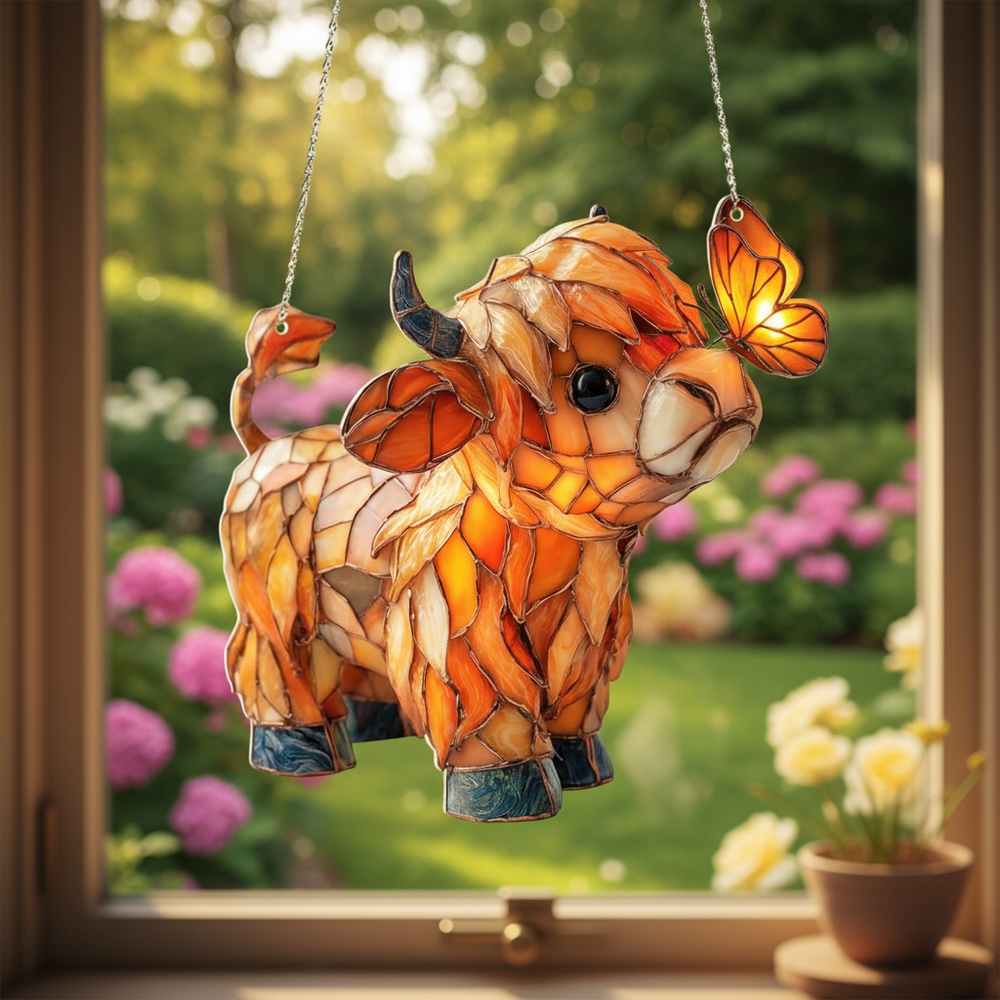 Highland Cow Suncatcher – Stained-Glass Style, Hanging Chain & 3 Sizes