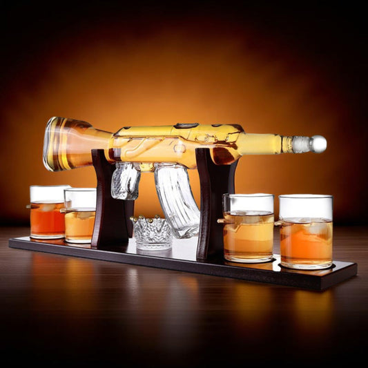 Whiskey Decanter Set – Rifle-Shaped, Glass Bottle & Wooden Stand
