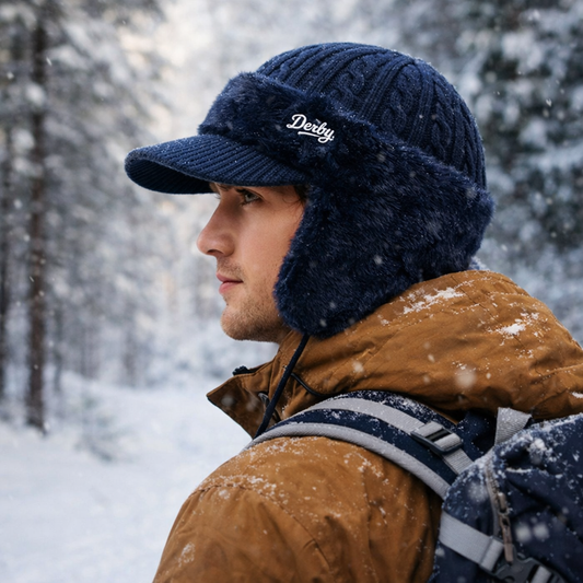 Winter Trapper Hat – Knit Fabric, Visor Flap & Cold Weather Design