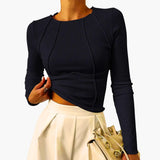 Women's Crew Neck Top – Long Sleeve, Piping Detail & Ribbed Texture