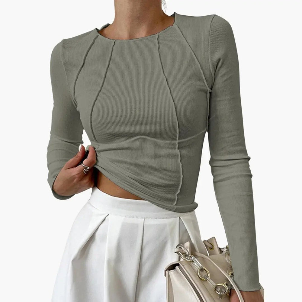 Women's Crew Neck Top – Long Sleeve, Piping Detail & Ribbed Texture