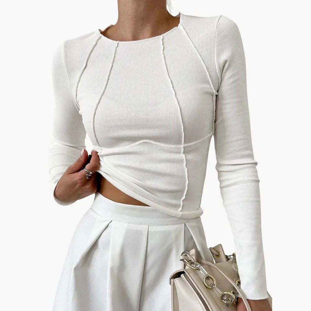 Women's Crew Neck Top – Long Sleeve, Piping Detail & Ribbed Texture