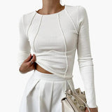 Women's Crew Neck Top – Long Sleeve, Piping Detail & Ribbed Texture
