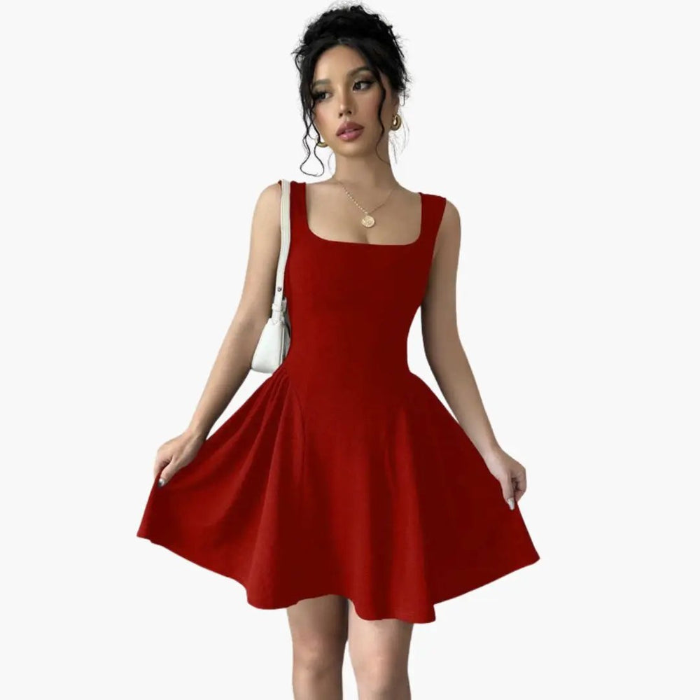 Women's A-Line Dress – Square Neckline, Flowing Skirt & Sleeveless Design