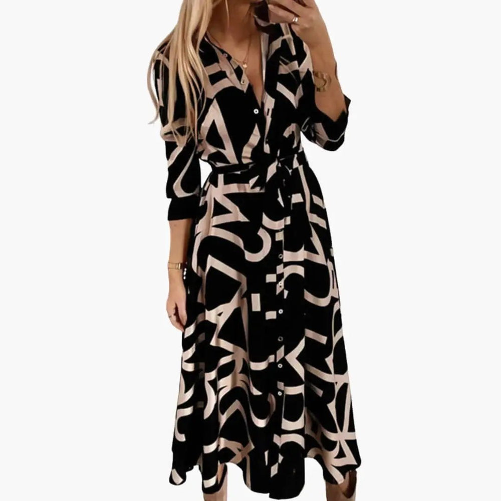 A-Line Dress – Women's, Turn-Down Collar & Printed Surface